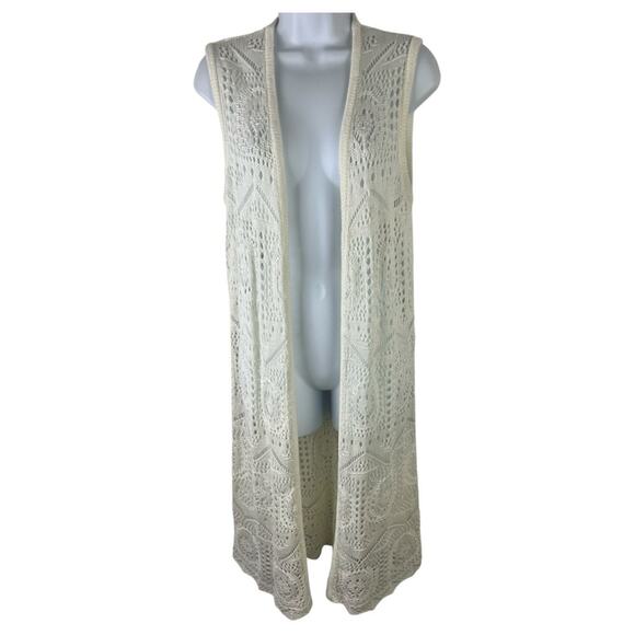 Chelsea & Theadore Cardigan Cream Crochet Open Sleeveless Duster Boho sz L - Picture 1 of 11